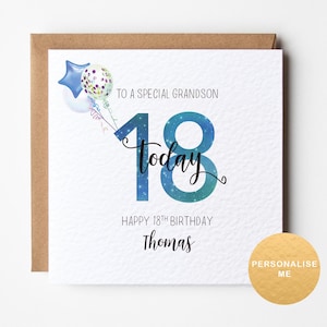 May include: A square birthday card with a brown envelope. The card features the text "TO A SPECIAL GRANDSON 18 today" with a blue and green design. Balloons and the name "Thomas" are also visible.