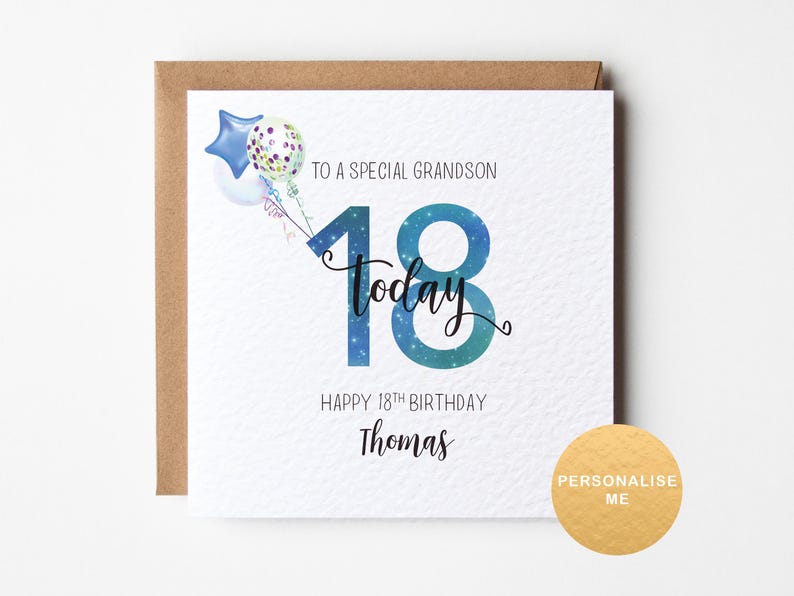 May include: A square birthday card with a brown envelope. The card features the text "TO A SPECIAL GRANDSON 18 today" with a blue and green design. Balloons and the name "Thomas" are also visible.