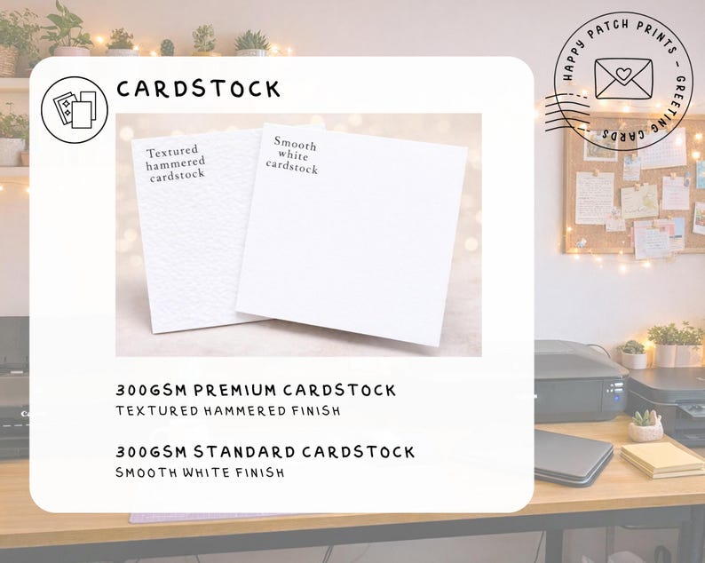 May include: Two white cardstock samples are displayed. One is labeled Textured hammered cardstock and the other is labeled Smooth white cardstock. Text below reads 300GSM PREMIUM CARDSTOCK TEXTURED HAMMERED FINISH and 300GSM STANDARD CARDSTOCK SMOOTH WHITE FINISH.