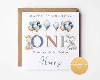 Personalised animal 1st Birthday Card for Nephew, Grandson, Son, Godson, Little boy