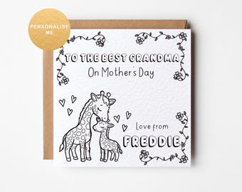 Personalised colour in Mother's Day card from the kids, for mummy, nanny,  grandma, Create your own Mothering Sunday card, Giraffe card