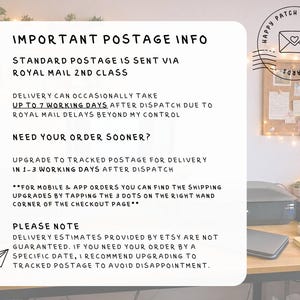 May include: A white rectangular informational sign with rounded corners featuring black text. The text provides details regarding postage, delivery estimates, and shipping upgrades, including instructions for mobile and app users. A logo with an envelope icon and the text Happy Patch Prints Greeting Cards is in the top right corner, and a small paper airplane icon is in the bottom left corner.