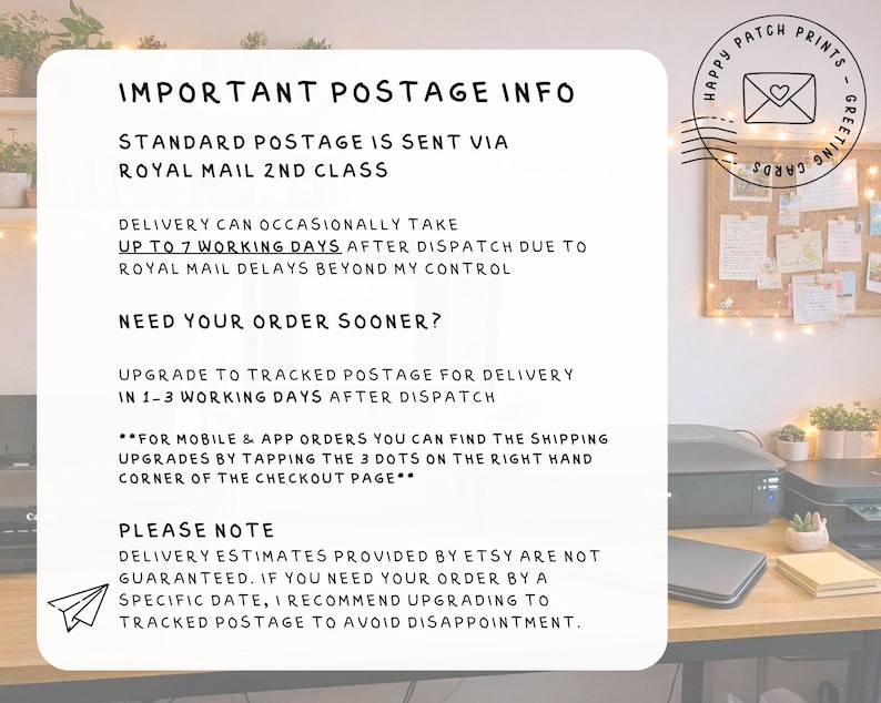 May include: A white rectangular informational sign with rounded corners featuring black text. The text provides details regarding postage, delivery estimates, and shipping upgrades, including instructions for mobile and app users. A logo with an envelope icon and the text Happy Patch Prints Greeting Cards is in the top right corner, and a small paper airplane icon is in the bottom left corner.