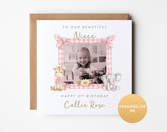 Personalised 2nd birthday photo card for niece, age birthday card for daughter, granddaughter, goddaughter, cousin, sister