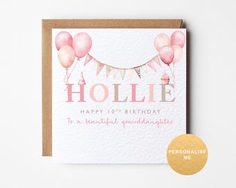 Personalised birthday card for granddaughter, any age birthday card, 10th birthday gift for girls, 8th, 9th, 12th, 13th, for niece, for her