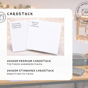 May include: Two sheets of cardstock, one textured and one smooth, are displayed. The textured cardstock has a hammered finish, while the other is smooth white. The image also includes text that reads "CARDSTOCK" and "300GSM PREMIUM CARDSTOCK TEXTURED HAMMERED FINISH".