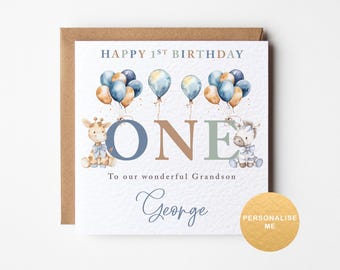 Personalised animal 1st Birthday Card for Grandson, Son, Godson, Little boy, Brother