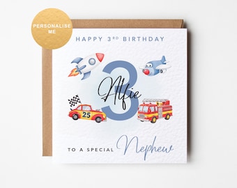 Personalised boys 3rd birthday card for Nephew, vehicles, transport, for Great Grandson, Brother, little boy, children's card, 6th, 7th, 8th