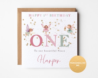 Personalised Fairy 1st Birthday Card for Niece, Granddaughter, Daughter, Little Girl
