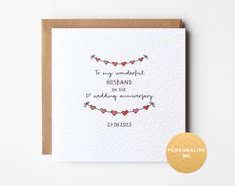 First wedding anniversary card for husband, Personalised 1st anniversary card for husband, Paper wedding anniversary card,  anniversary gift