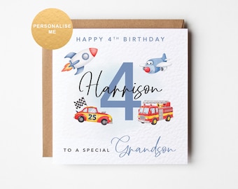 Personalised boys 4th birthday card, vehicles, transport, for Grandson, Son, Nephew, Godson, little boy,  2nd, 3rd, 5th, 6th birthday