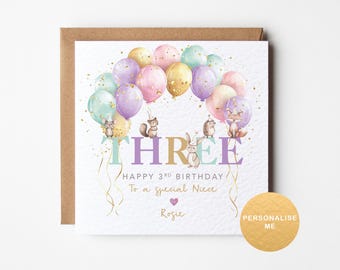 Niece 3rd birthday card, personalised third birthday gift for granddaughter, Age 3 card for daughter, animal birthday, for goddaughter