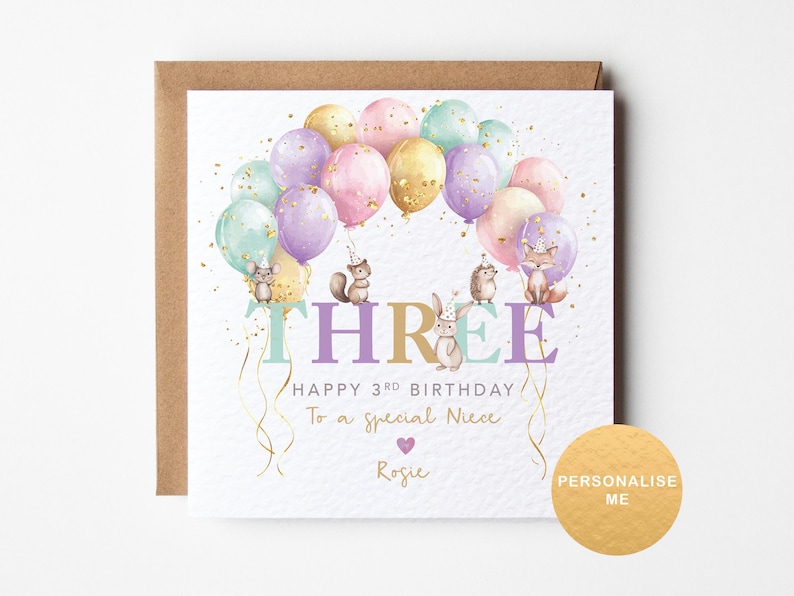May include: A birthday card with a pastel color scheme featuring a cluster of balloons with animals holding onto them. The card says "Happy 3rd Birthday To a special Niece Rosie".