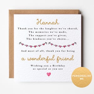 Personalised birthday card for a very special friend, meaningful friendship card, for a wonderful best friend