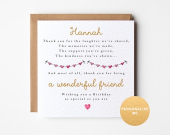Personalised birthday card for a very special friend, meaningful friendship card, for a wonderful best friend