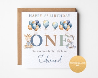 Personalised animal 1st Birthday Card for Godson, Son, Great Nephew, Little boy, Brother
