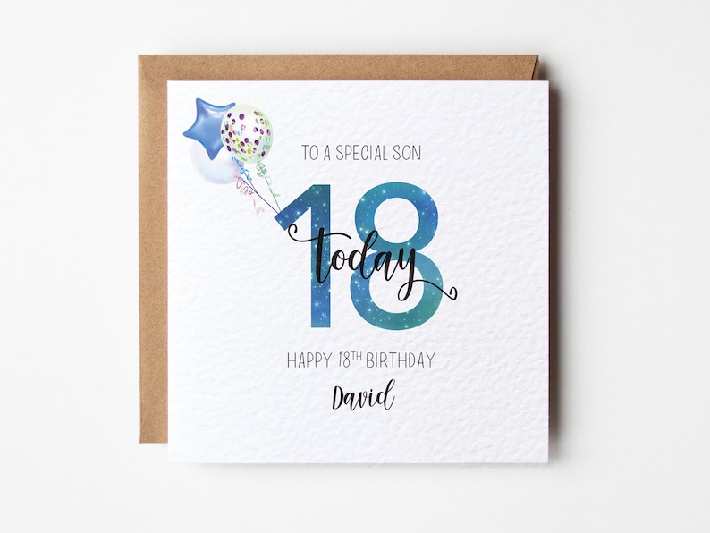 May include: A birthday card with a brown envelope. The card has the text "TO A SPECIAL SON 18 today" with a blue and green color scheme. The card also says "HAPPY 18TH BIRTHDAY David" and features balloon illustrations.