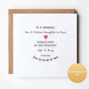 Tarjeta de compromiso personalizada para hijo y futura nuera, regalo de compromiso para hijo, felicitaciones por su compromiso