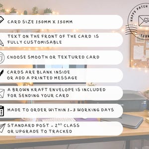 May include: A white informational graphic featuring black icons and text detailing greeting card specifications: 150mm x 150mm size, customizable front text, smooth or textured card options, blank or printed interior, and an included brown kraft envelope.