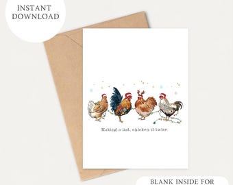 Cartão de Natal para Imprimir Making A List, Chicken It Twice | Cartão de Natal para Imprimir | Cartão de Natal Engraçado | Cartões de Felicitações