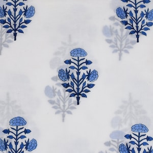 White cotton fabric with a blue floral print. The fabric is folded in half and the floral pattern is visible on both sides.