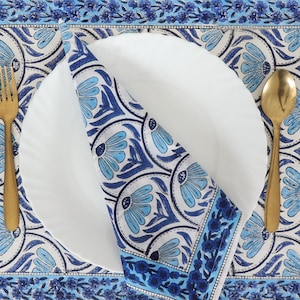 Hand Block Printed Napkins and Placemats Set: Blue Floral Cotton Wedding Table Decor
