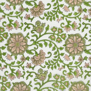 Hand Block Printed Cotton Fabric: Coral Peach & Green Floral Jaal, Indian Dressmaking Halloween
