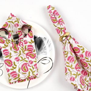 Indian Hand Block Printed 100% Cotton Linen Napkins Set of 4 20X20 Inch Rose Pink and Green Cocktail Bulk Wedding Cloth Napkins Gift for Her