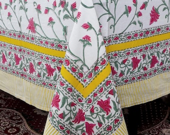 Hand Block Printed Cotton Tablecloth, 6 Seater Dining Table Cover Wedding Gift for Her