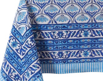 Sky Blue Hand Block Printed Cotton Tablecloth, Rectangle Dining Table Cover Wedding Gifts