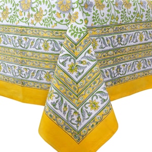 Hand Block Printed Floral Tablecloth: Yellow & Green Cotton, 6-Seater 60X90 In Table Cover