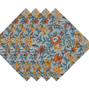 Halloween Floral Hand Block Bedruckte Baumwoll Servietten: Hafen Grau, 4er Set 50 x 50 cm