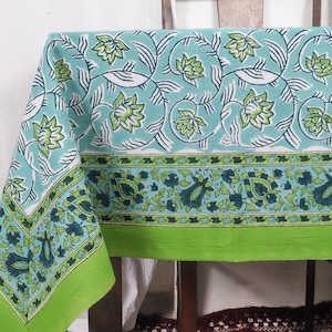 Hand Block Printed Cotton Tablecloth: Floral Green Boho Farmhouse Decor 60X91 Inch Table Cover