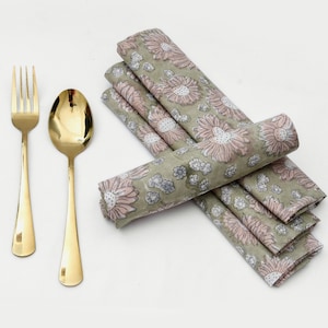 Hand Block Printed Cotton Napkins: Floral Indian Decor, Set of 4 20X20 Inch Wedding