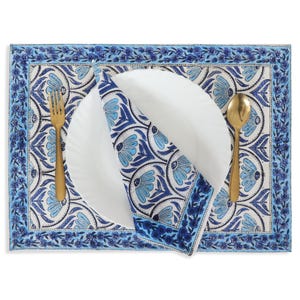 Hand Block Printed Napkins and Placemats Set: Blue Floral Cotton Wedding Table Decor