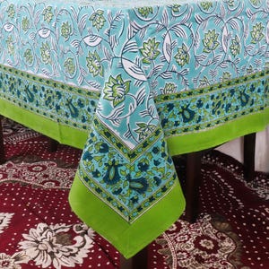 Hand Block Printed Cotton Tablecloth: Floral Green Boho Farmhouse Decor 60X91 Inch Table Cover