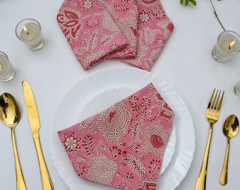 Indian Hand Block Printed Cotton Napkins, Floral Pink 20X20 Inch Kitchen and Dining Wedding Gift