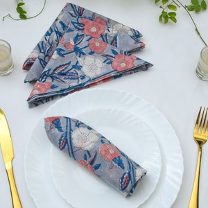 Hand Block Printed Cotton Napkins, Set of 4: Floral Indian Decor 20X20 Inch Wedding