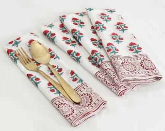 Servilletas de algodón estampadas a mano con bloques, diseño floral rojo, 20 x 20 pulgadas, ideales para cocina, comedor o como regalo de boda.