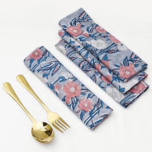 Indian Hand Block Printed Cotton Napkins, Set of 4: Floral Wedding Decor 20X20 Inch
