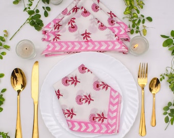 Indian Hand Block Printed Cotton Napkins, Floral Pink 20X20 Inch Kitchen and Dining Wedding Gift