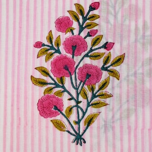 Rose Pink Indian Hand Block Printed 100% Soft Cotton Voile Fabric by the Yard, Yellow and Baby Pink Fabric for Dressmaking