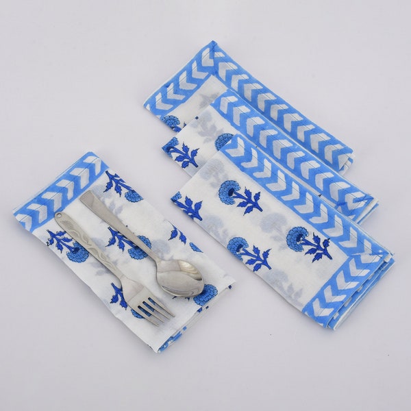 Floral Indian Hand Block Printed Napkins, Cotton Fabric Napkins, Table Décor Napkins, Blue Printed napkins, Eco Friendly Valentines Napkins