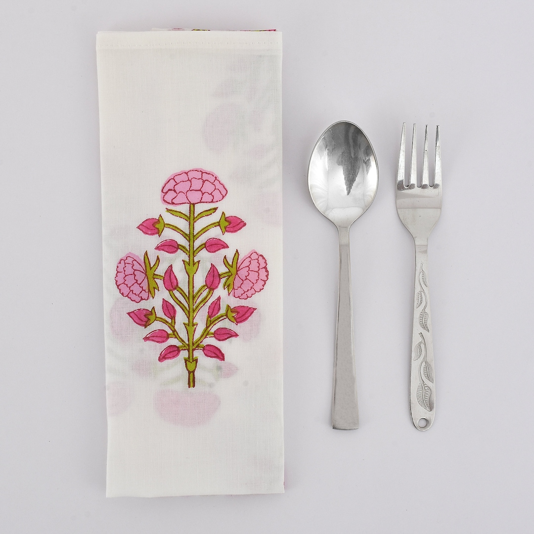 Floral Hand Block Printed Cotton Napkins, Rose Pink Indian Table Decor Wedding Easter Gifts - SET OF 6- 9*9 INCH