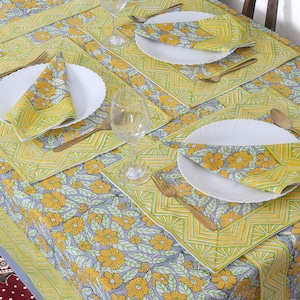 Handcrafted Yellow Block Printed Tablecloth - Ideal For Dining, Rustic Wedding, Party and Event Decor, Kitchen Linens, Boho Table Cover