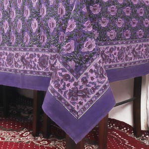 Hand Block Printed Tablecloth: Purple & Green Floral Cotton, 6 Seater Wedding Table Cover
