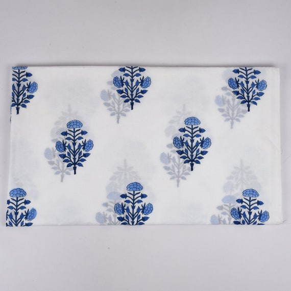 Indian Hand Block Printed Cotton Floral Fabrics, Blue Cushion Covers Fabric by the Yard