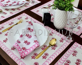 Light & Dark Pink Hand Block Print Canvas Table Runner,Canvas Table Mats With Cotton Napkin Set,Home Decor Wedding party Dining Table Runner