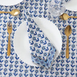 Blue and White Indian Hand Block Printed Rectangle Tablecloth, Cotton 6 Seater 60X90 Inch Dining Table Cover, Boho Wedding Tablecloth