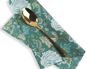 Servilletas de algodón hechas a mano en India para verano, diseño floral verde, 20 x 20 pulgadas, ideales para la cocina y el comedor. Regalo perfecto para anfitriones.